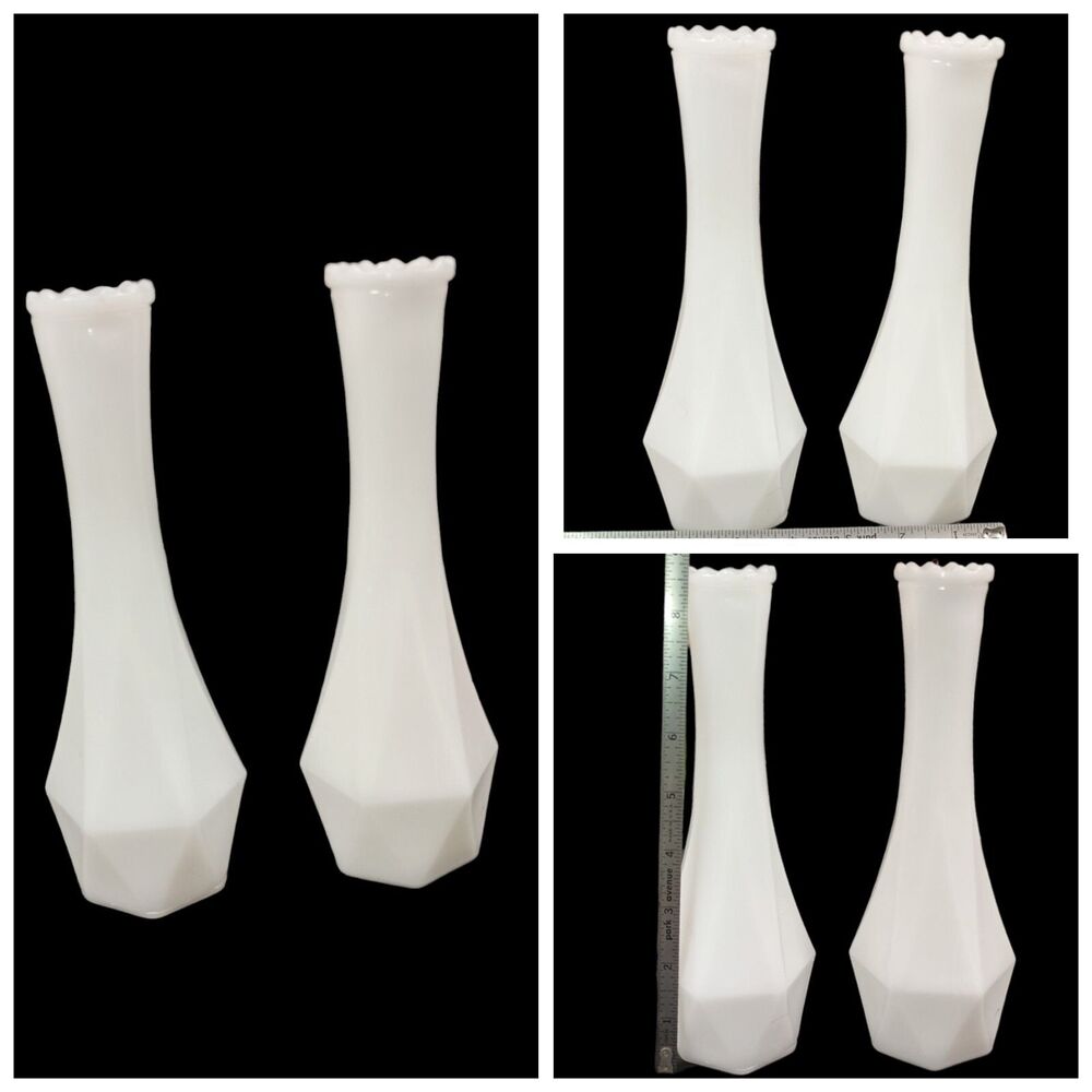 Pair Of Milk Glass Vase EO Brody 8.75" White Flower Vase Geometric USA Vintage
